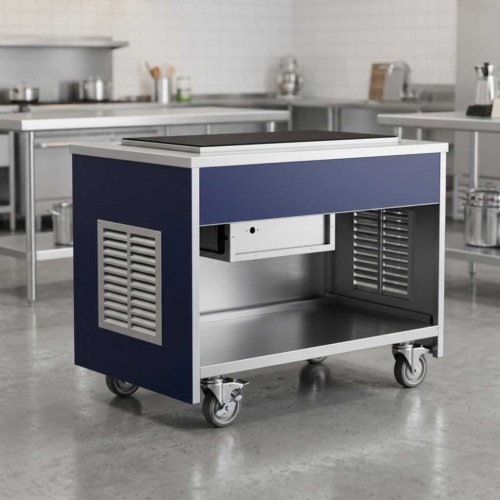 The image showcases the unit's enhanced mobility with prominent 4-inch swivel casters, featuring two locking brakes for flexible and secure placement.