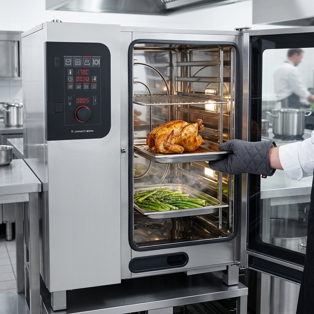 Observe how the Advanced Closed System+ (ACS+) masterfully controls the cooking climate, yielding a perfectly crispy roasted chicken and vibrant, tender steamed vegetables simultaneously.