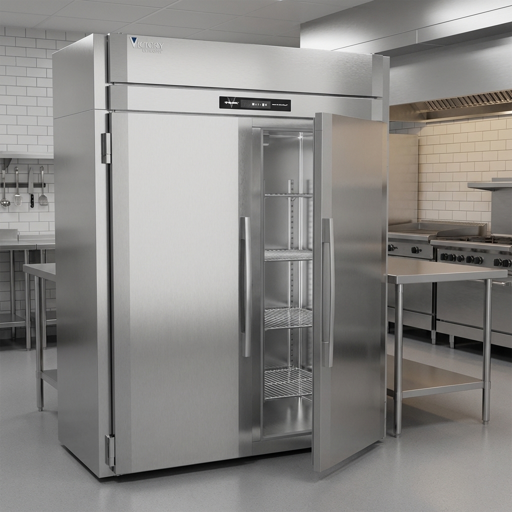 This image highlights the freezer's robust cabinet construction, featuring durable stainless steel exterior, interior, and heavy-duty doors for sanitary, long-lasting performance.
