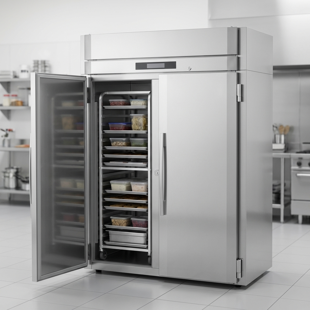 Experience durability and convenience with the freezer's heavy-duty doors, featuring robust cam hinges, a stay-open design, and integrated security locks.