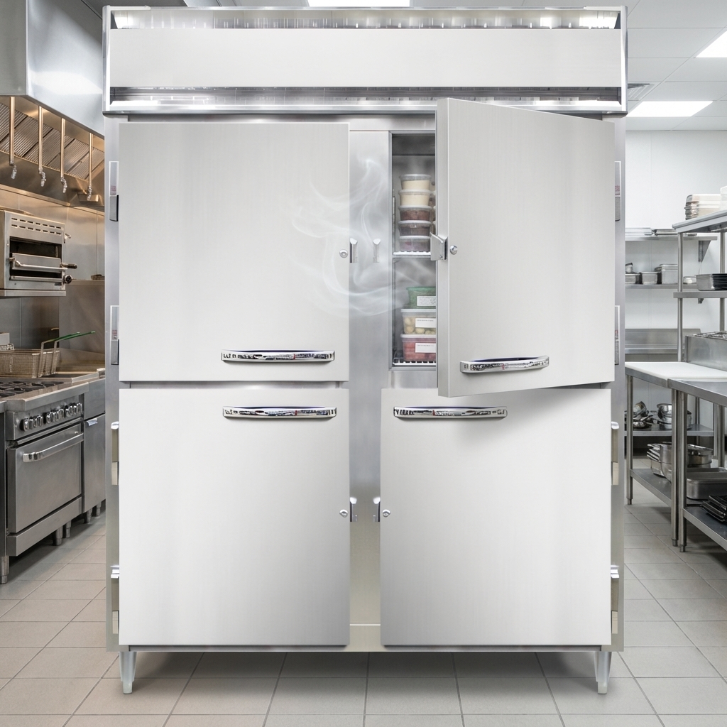 The half-height solid doors on this pass-thru freezer efficiently reduce cold air loss, keeping contents perfectly chilled while in use.