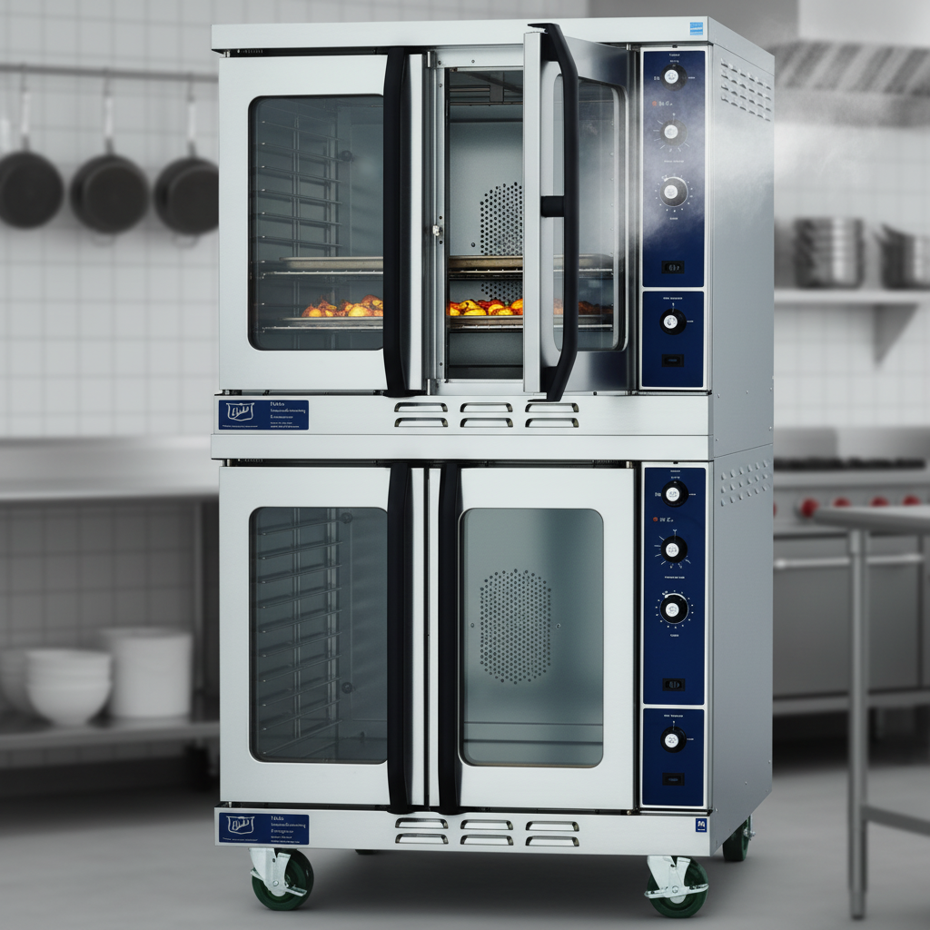 This image showcases the Duke convection oven's independent 50/50 doors, allowing chefs to access one side while minimizing heat loss from the rest of the oven.