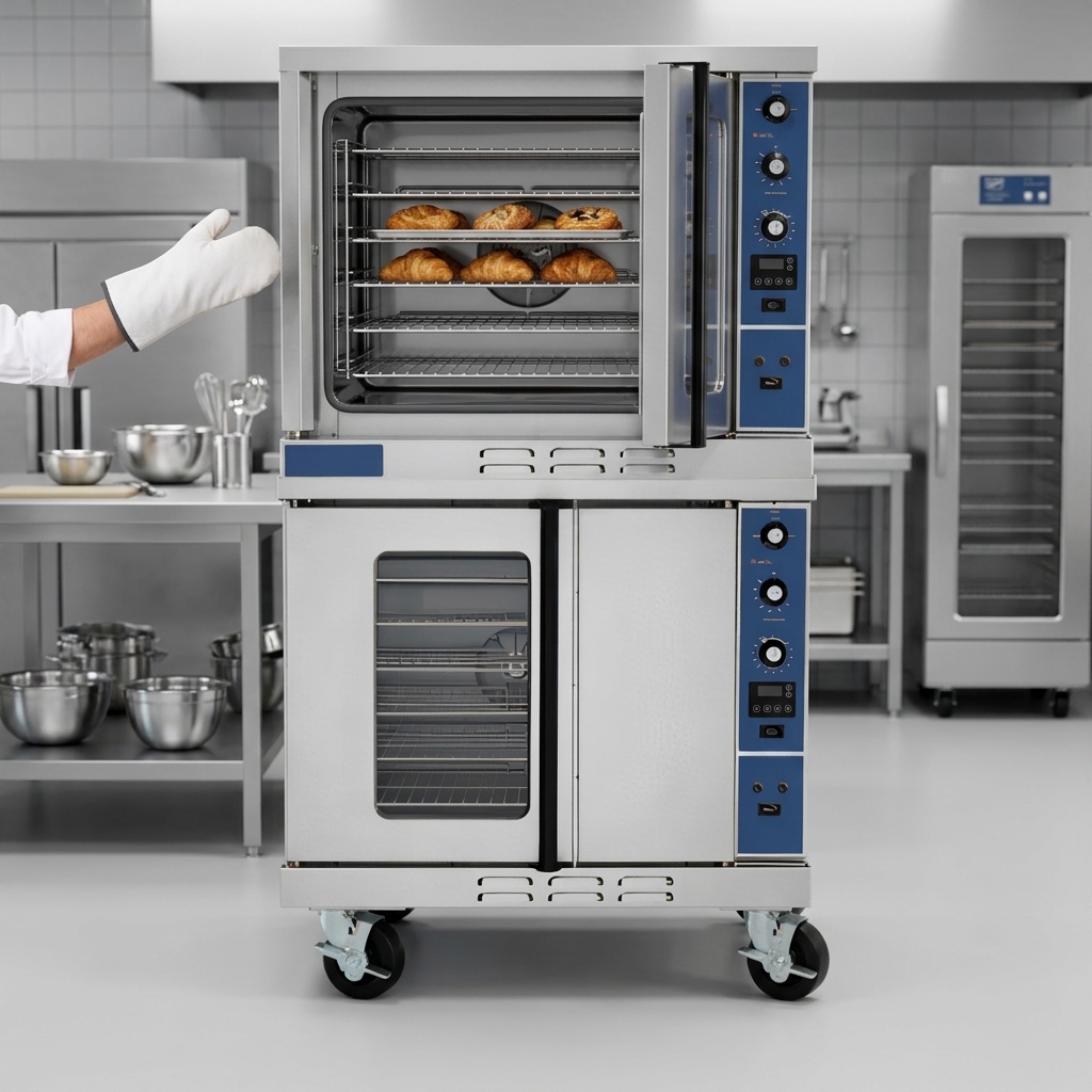 This image showcases the impressive high capacity double-deck design of the convection oven, perfect for high-volume cooking and baking.