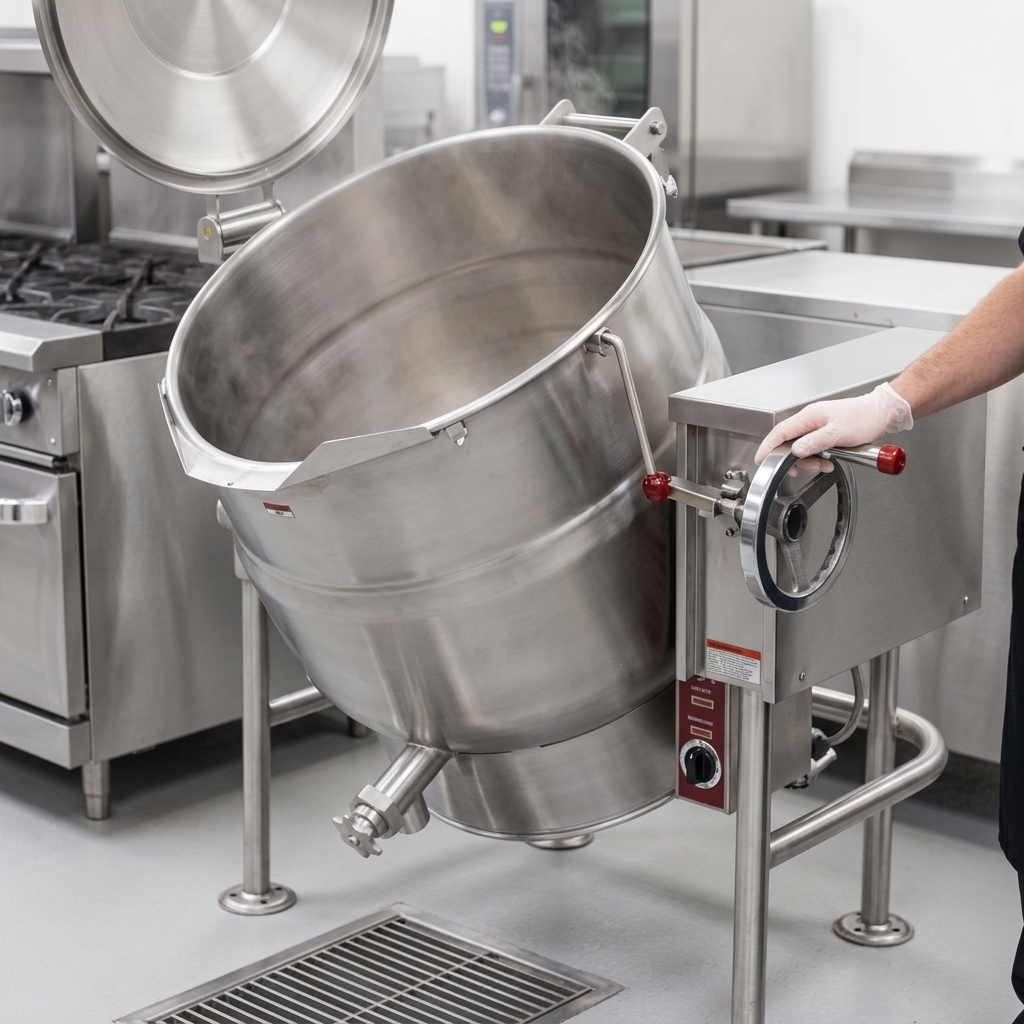 Experience safe and controlled pouring with the effortless self-locking crank tilt mechanism of this 80-gallon electric kettle.
