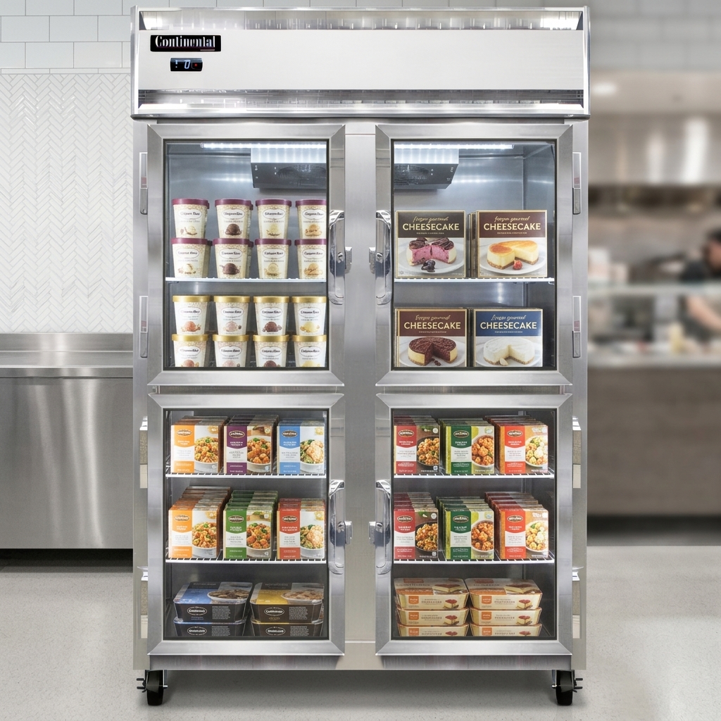 This image highlights the two-section display freezer's spacious and organized interior, perfect for showcasing a diverse range of frozen products.