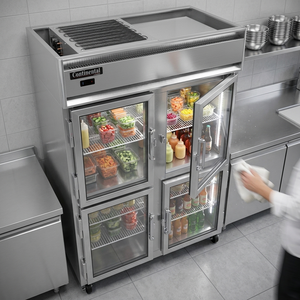 Experience efficient access and clear visibility with the freezer's narrow hinged glass half doors, designed to minimize cold air loss and enhance security.