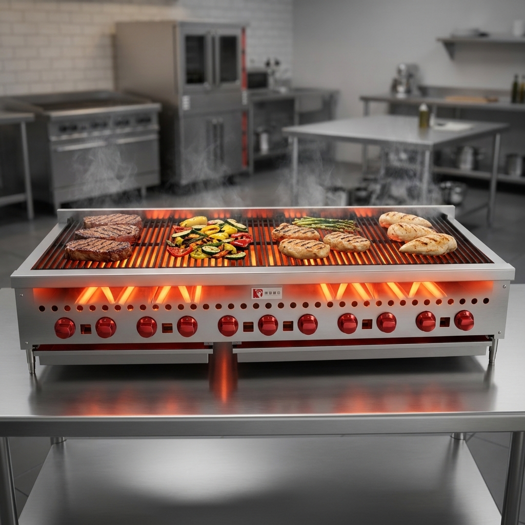 Witness the rapid heat-up and consistent cooking temperatures delivered by the charbroiler's powerful, high-performance burners across its expansive 60-inch surface.
