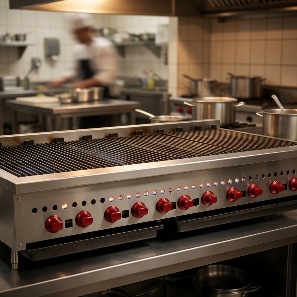 The charbroiler's standing pilots are clearly visible, ensuring instant ignition and enhancing operational efficiency in any busy kitchen.