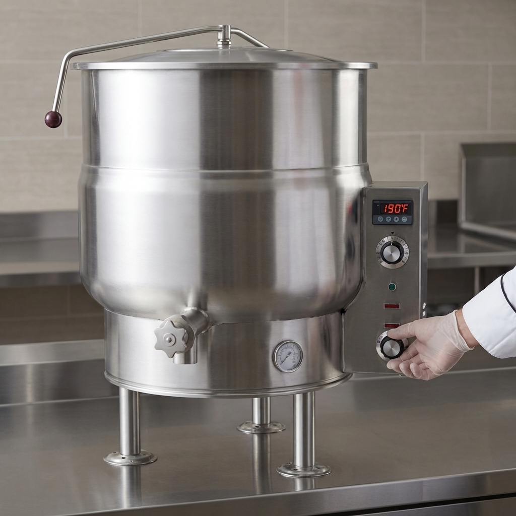 Experience precise and consistent temperature regulation with the intuitive thermostatic control panel of this commercial kettle.