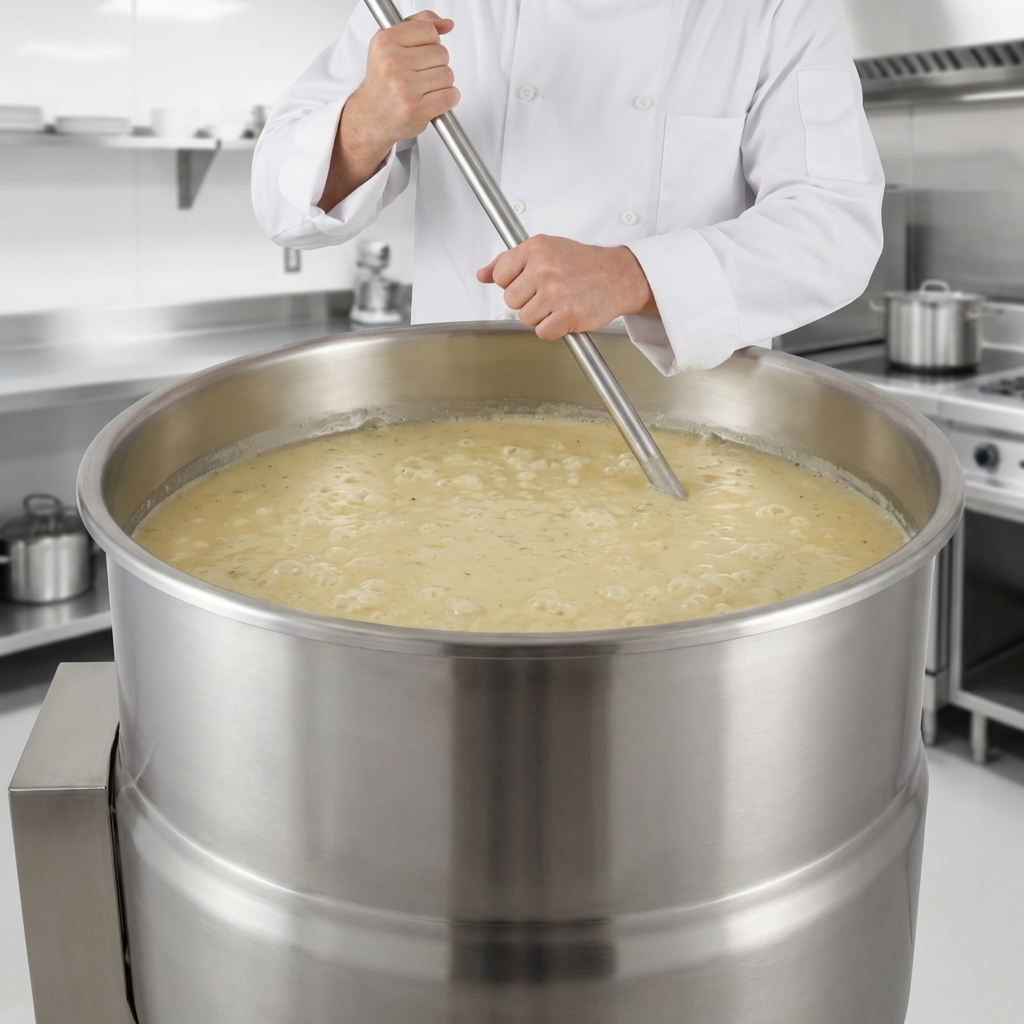 Achieve perfectly uniform heating for large batches of food with this 100-gallon electric kettle, showcasing its efficient 2/3 jacketed design.
