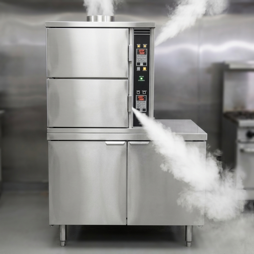 Experience efficient cooking with powerful, consistent steam output from this commercial steamer, powered by its reliable steam coil heated boiler.