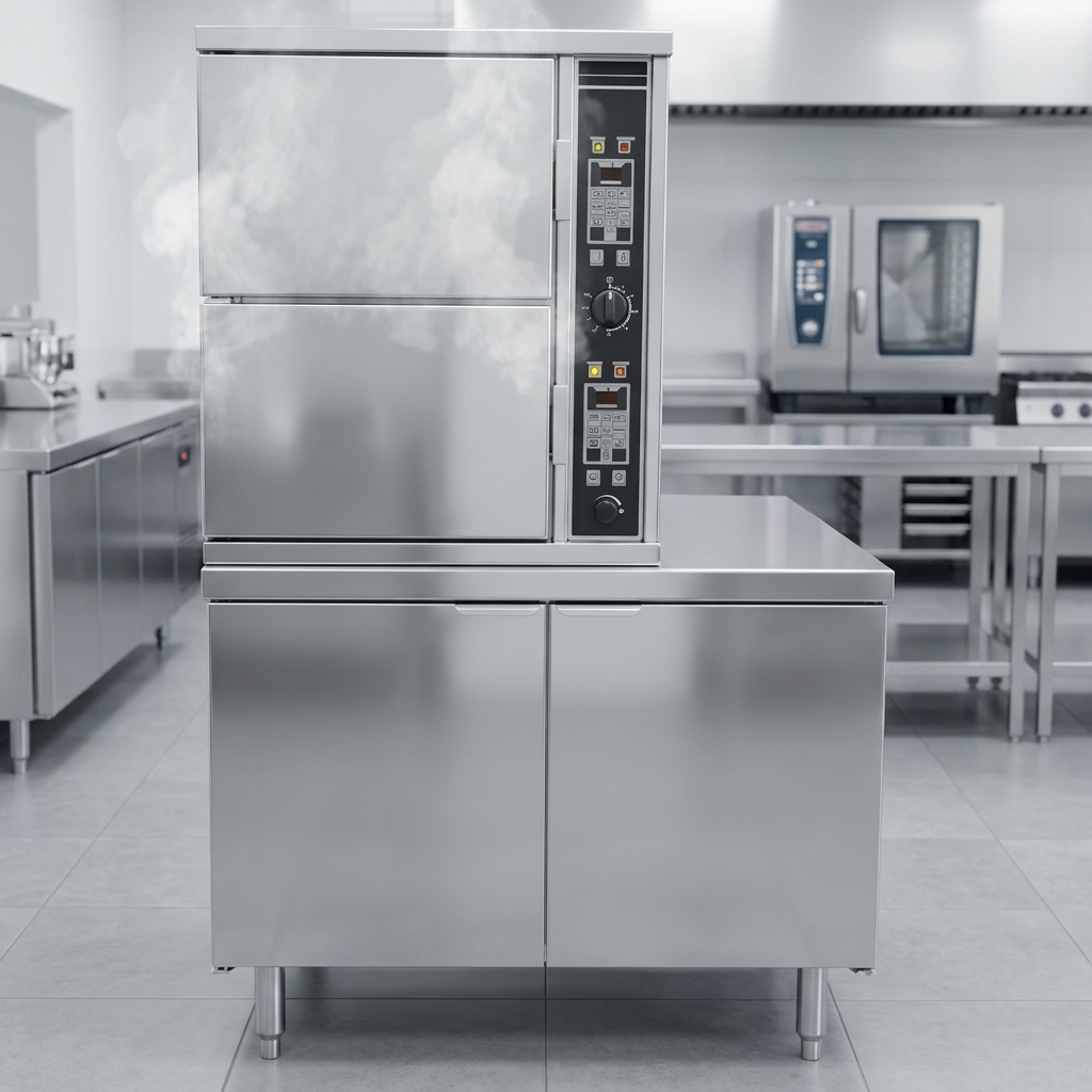 This image highlights how the automatic blowdown feature keeps the convection steamer exceptionally clean and operating at peak performance.