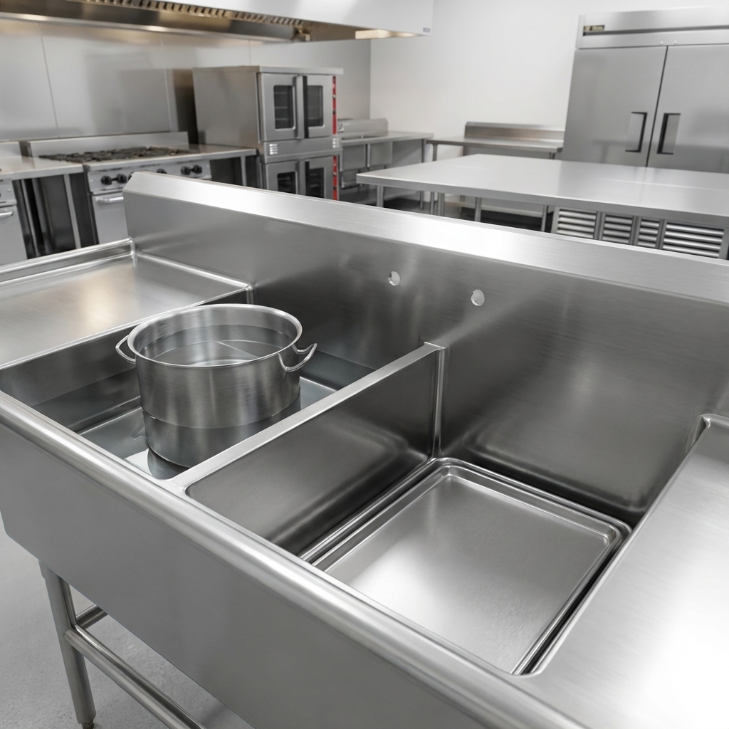 This image highlights the sink's two deep compartments, designed to provide ample capacity for washing and rinsing large kitchenware in a busy commercial kitchen.