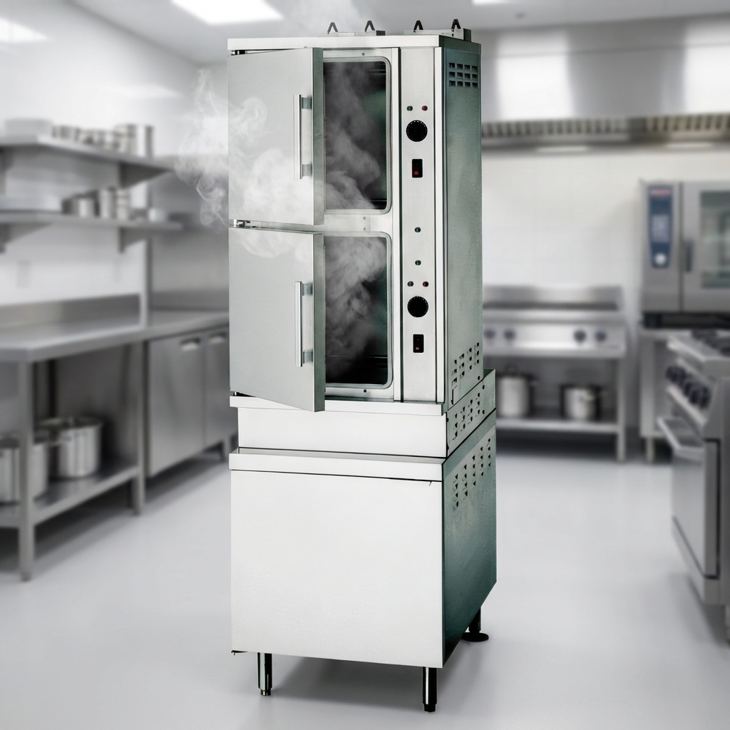 Effortlessly steam different food items simultaneously with this commercial steamer's two spacious, independent compartments.