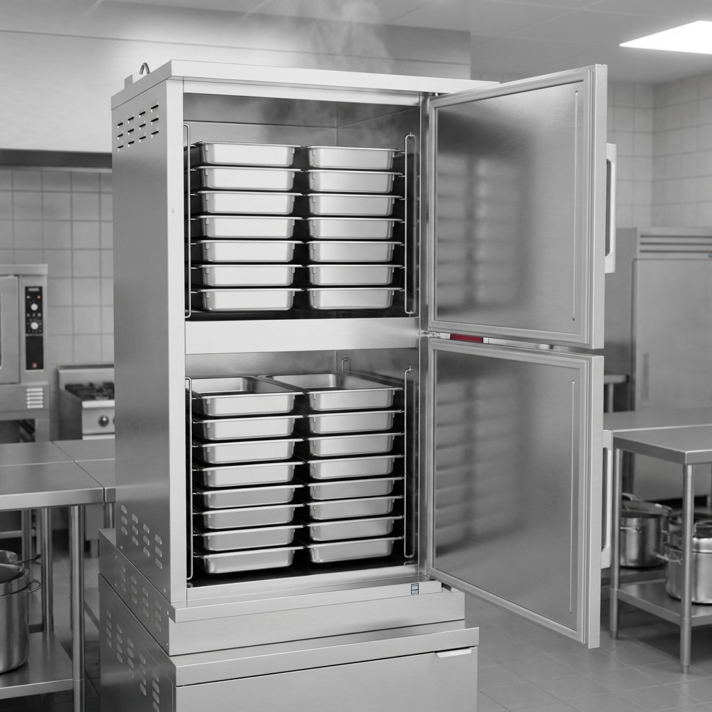 Experience high-volume efficiency with this steamer's impressive capacity for sixteen full-size steam pans.