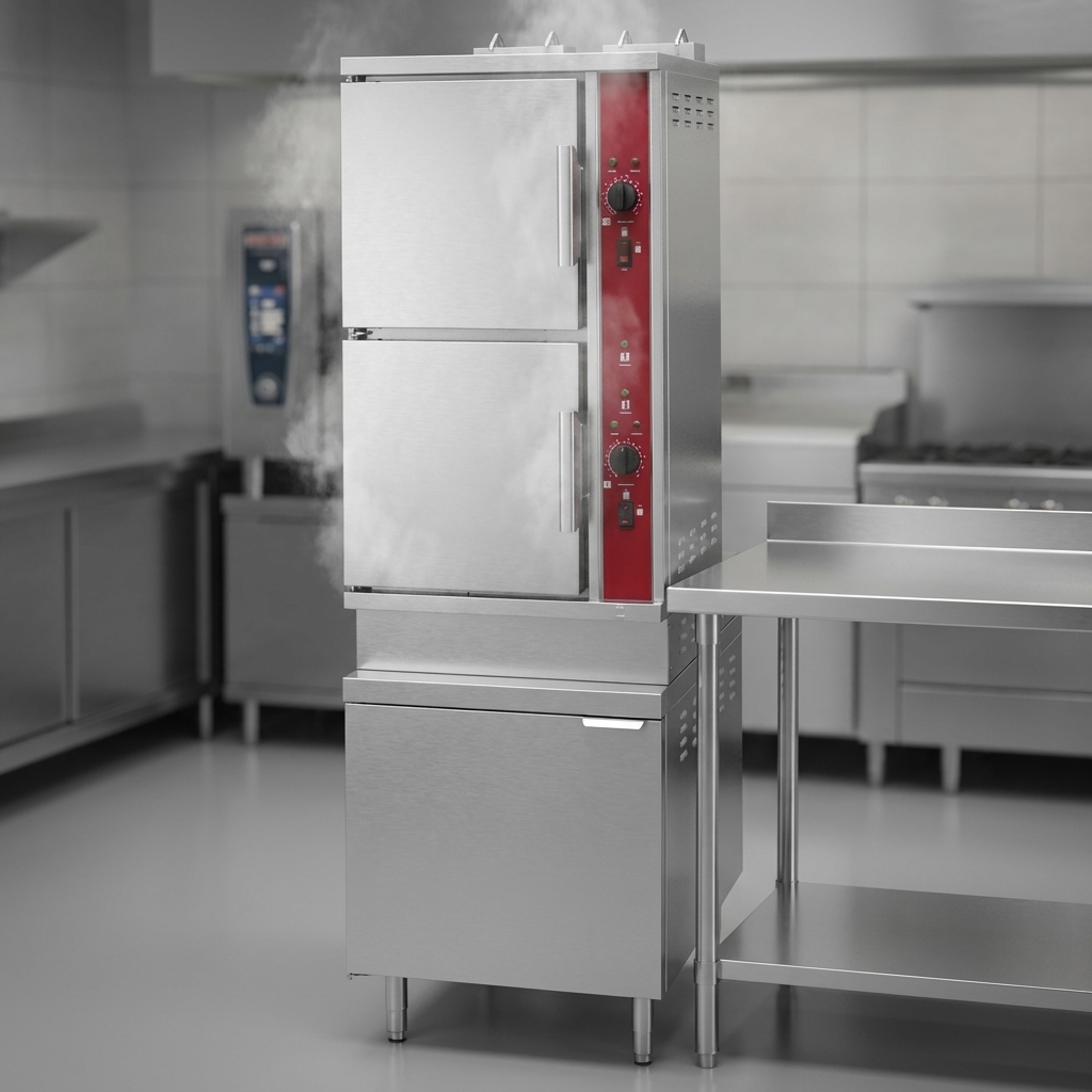 This image showcases the steamer's sturdy 36-inch cabinet base, seamlessly integrating into a professional kitchen environment.