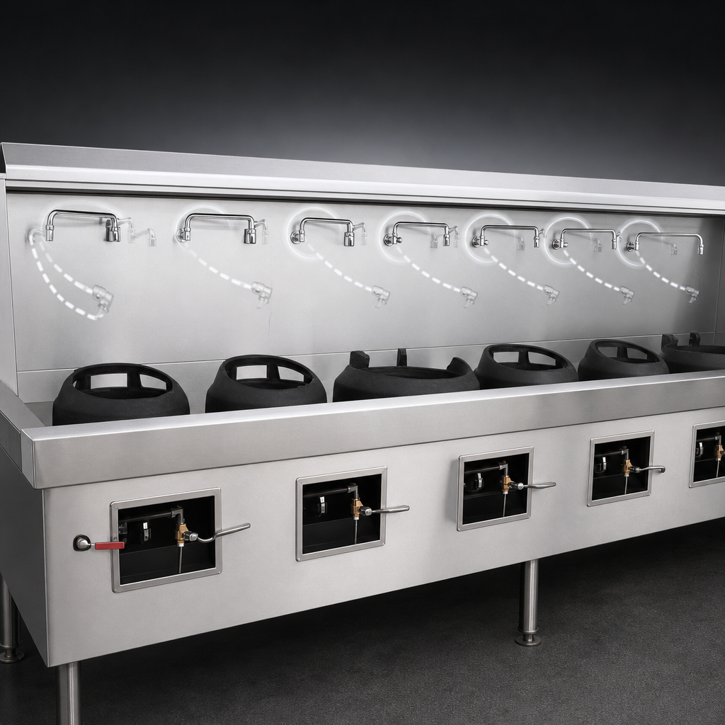 Six Swing Faucets on Backsplash
