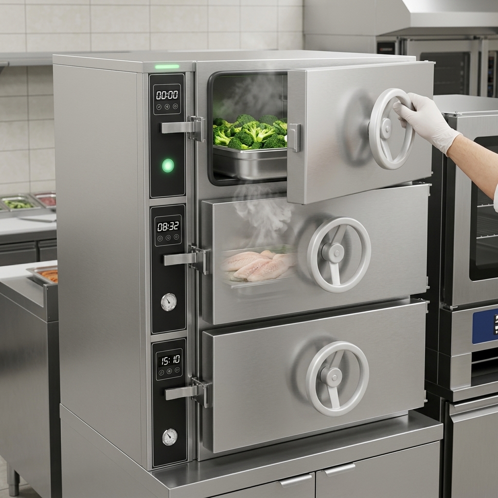 Effortlessly cook multiple dishes simultaneously with independent automatic controls on each steaming compartment.
