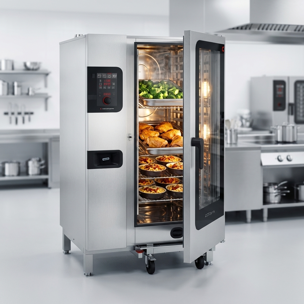Experience the Convotherm Combi Oven's versatile multi-mode cooking, expertly steaming, roasting, and rethermalizing a wide range of dishes with ease.