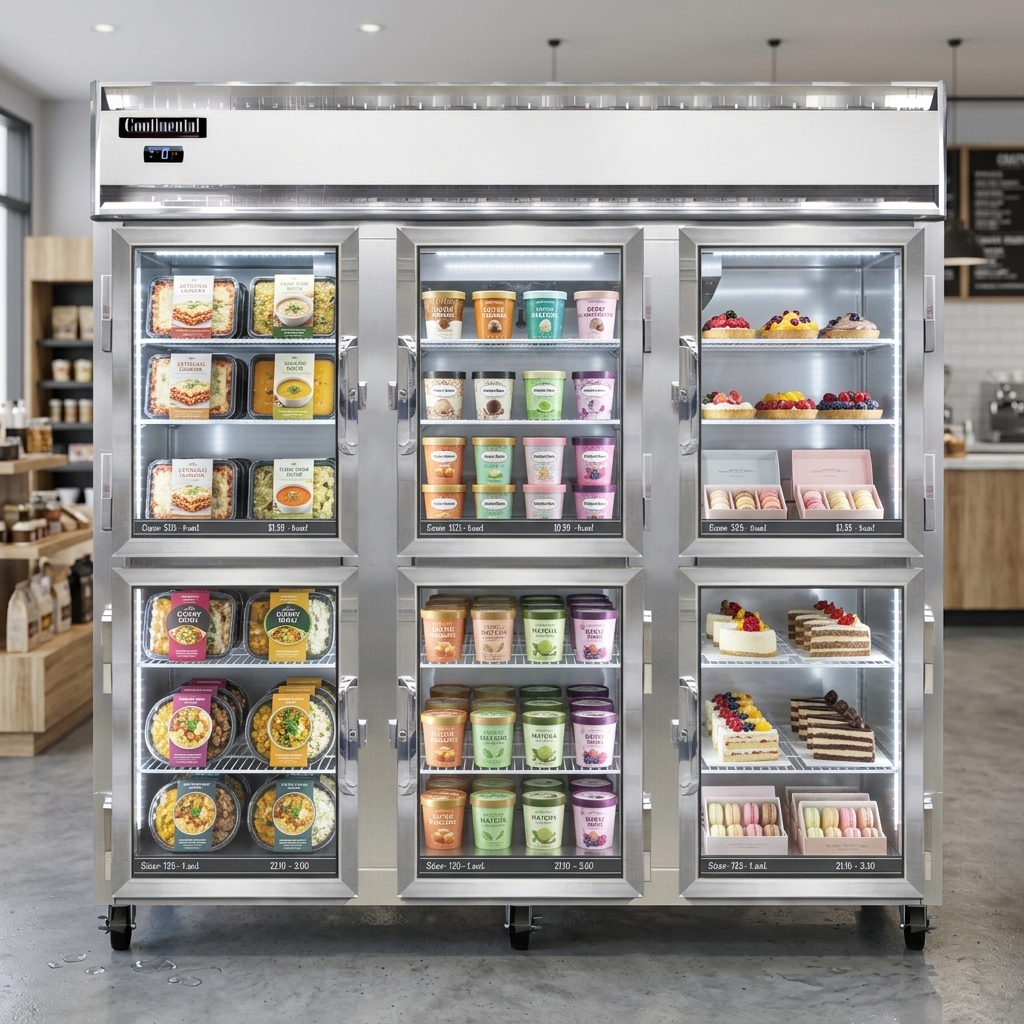 This image showcases the three-section design of the full-height display freezer, offering expansive storage and appealing display for a wide variety of frozen products.