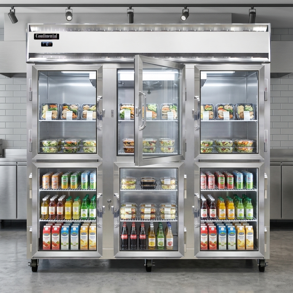 Experience optimal product visibility and minimal cold air loss with the secure, narrow hinged glass half doors on this display freezer.