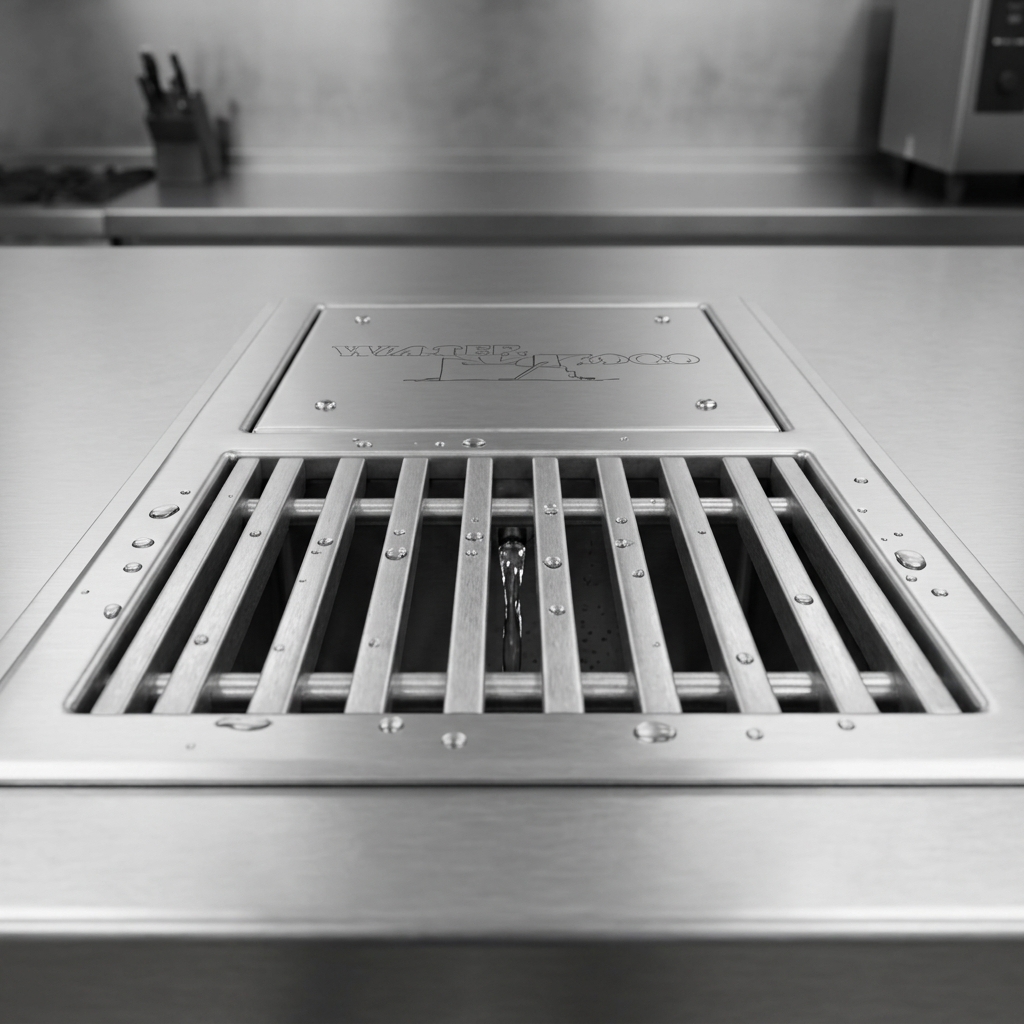 Observe the robust subway-style grating designed for efficient and sturdy drainage in this professional water tempering system.