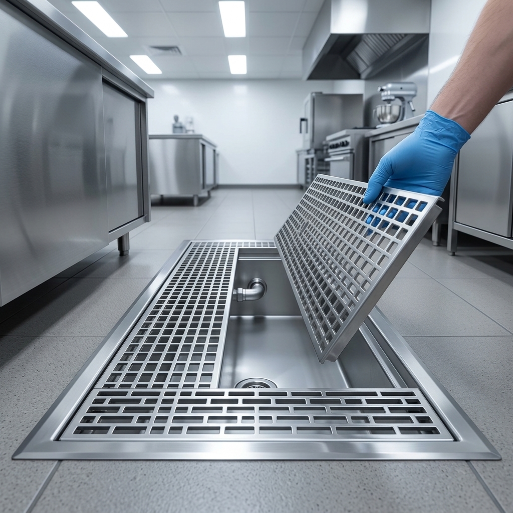 This image highlights the durable, easy-to-remove subway-style grating of the Cool Trough Water Tempering System, ensuring a secure surface and efficient debris capture.