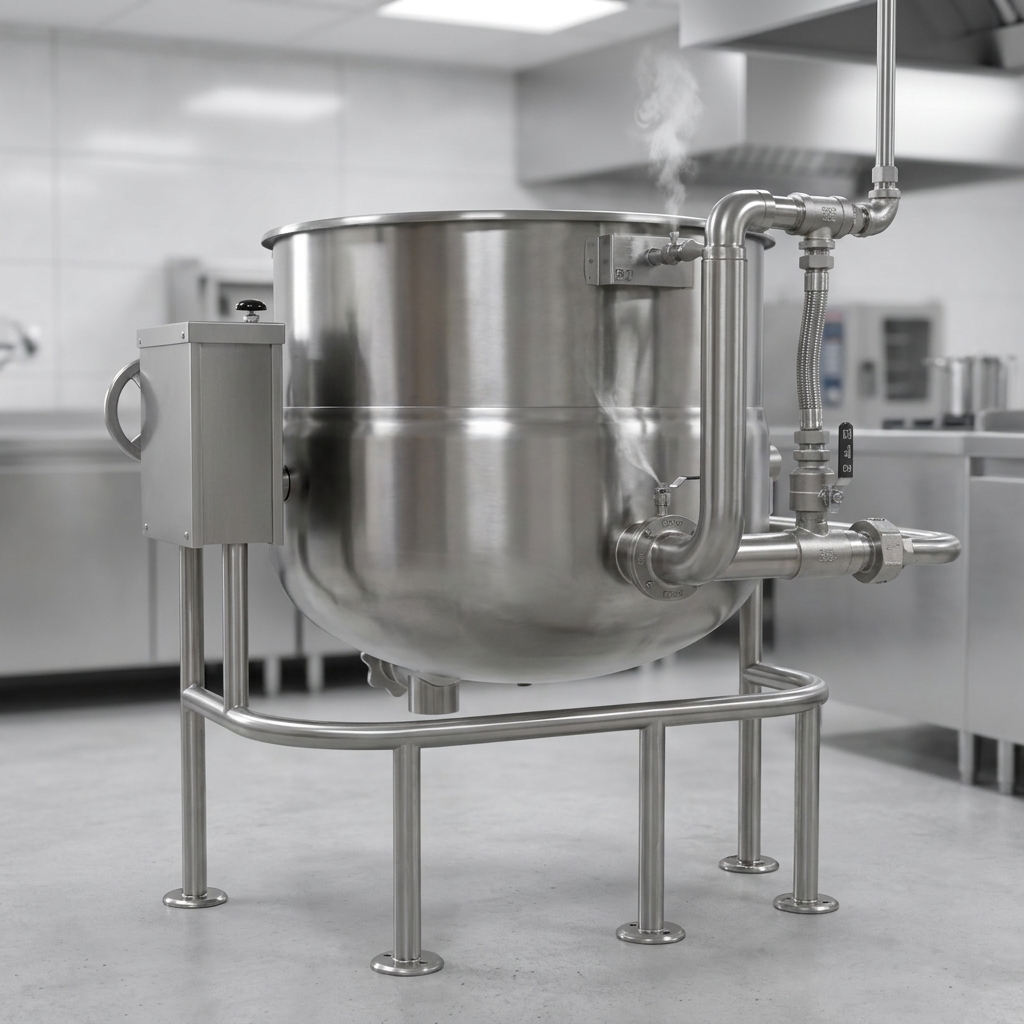 This image illustrates the Crown DLT-60 tilting kettle's robust direct steam operation, designed for efficient and powerful performance in any commercial kitchen.