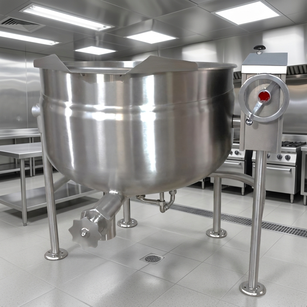 Witness the robust durability of the Crown DLT-60 60 Gallon Direct Steam Tilting Kettle, crafted from heavy-duty stainless steel for lasting performance.
