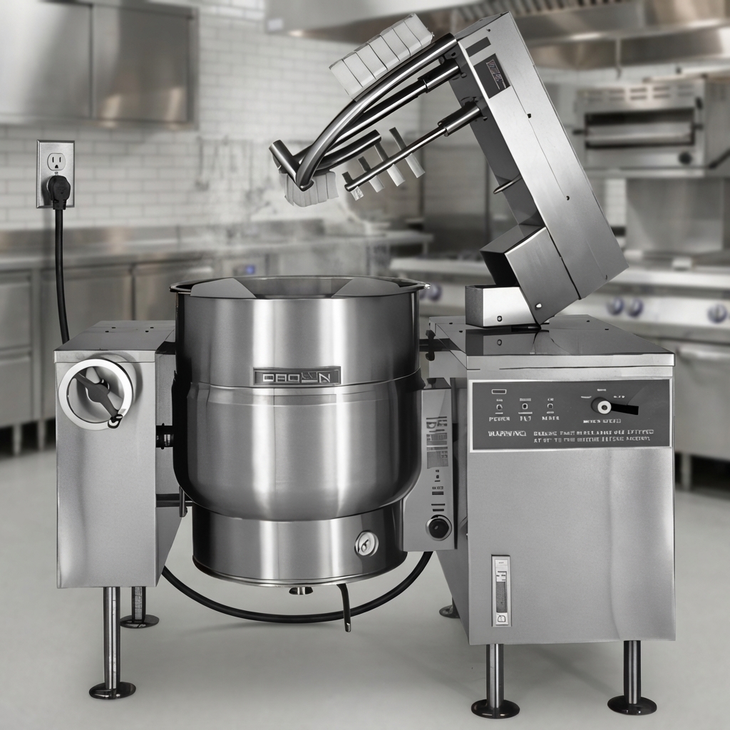 This 80-gallon electric tilting mixer kettle utilizes self-generating steam, eliminating the need for an external steam source in your kitchen.