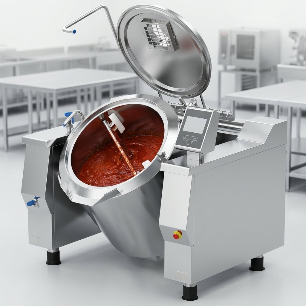 Experience effortless pouring and thorough mixing with this tilting kettle's integrated two-arm mixer and removable scrapers.