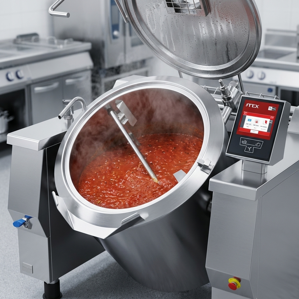 Observe the even, gentle simmer of a perfectly cooked sauce inside this tilting kettle, showcasing its superior indirect heating for consistent results.