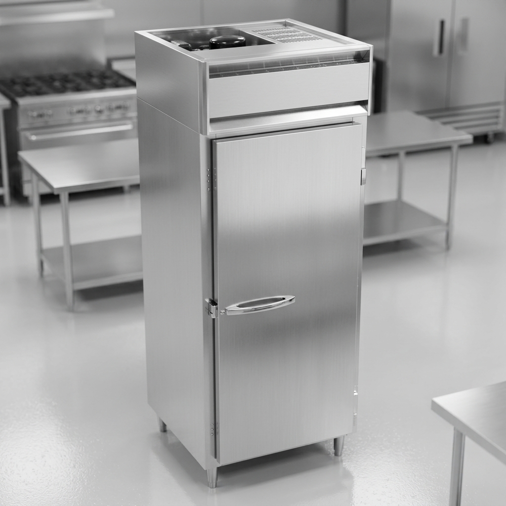 This image showcases the integrated, top-mounted self-contained refrigeration system, designed for easy installation and maximum interior storage efficiency.