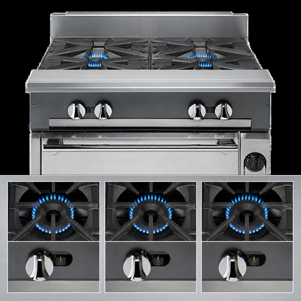 Three 30,000 BTU/Hr Top Burners