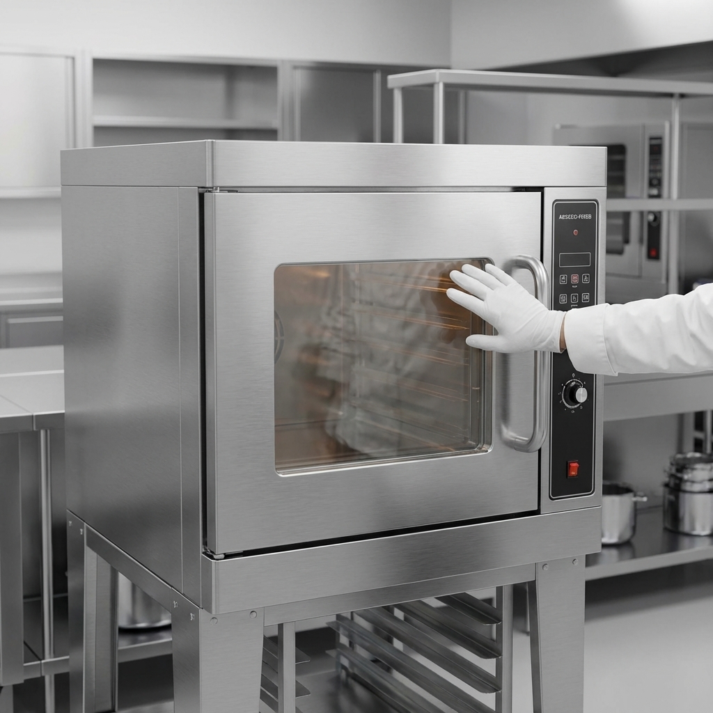 This image highlights the electric convection oven's cool-to-the-touch door, designed for enhanced safety in a busy kitchen environment.