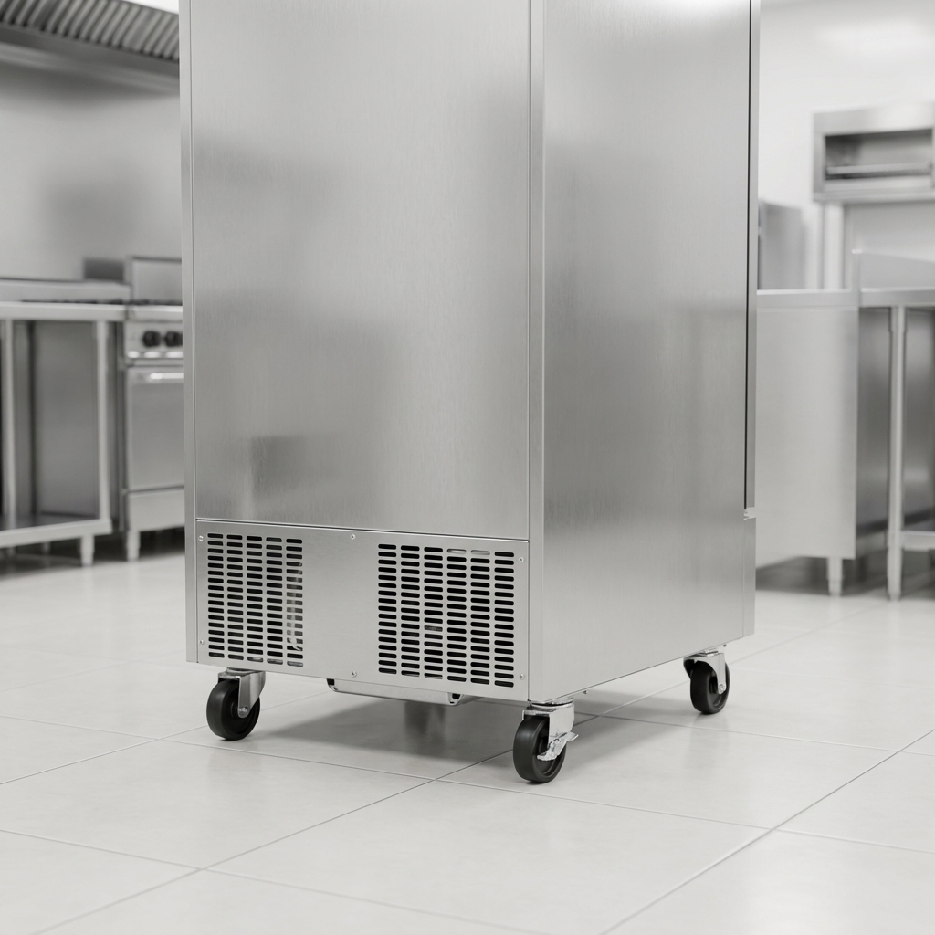 Observe the clean, drain-free area around the freezer, demonstrating the convenience of its automatic electric condensate evaporator.