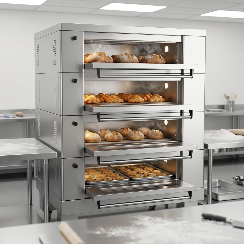 This image showcases the American Baking Systems 4-Deck Electric Deck Oven, demonstrating its expansive four-deck capacity for high-volume baking.