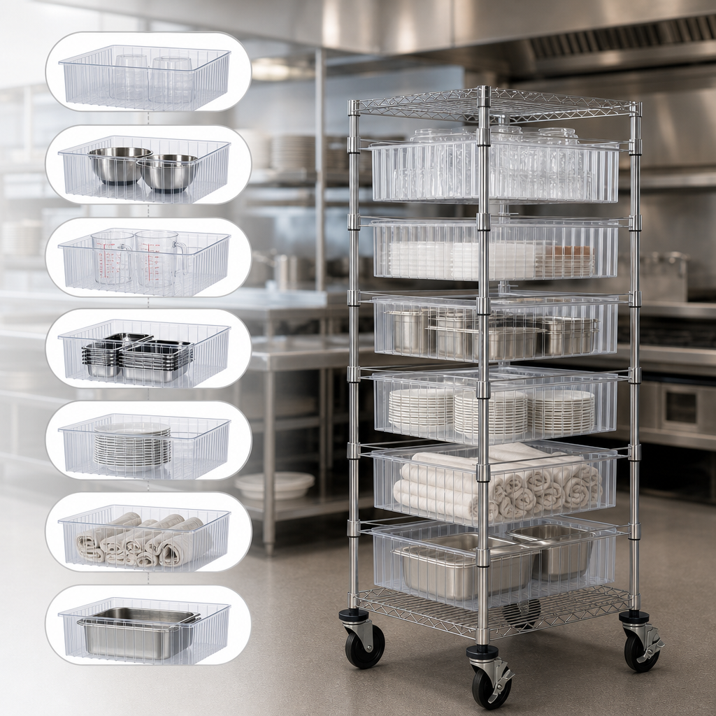 Seven Clear Bins Included
