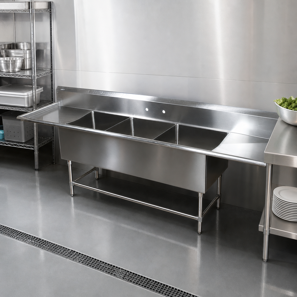Three-Compartment Sink with Dual Drainboards