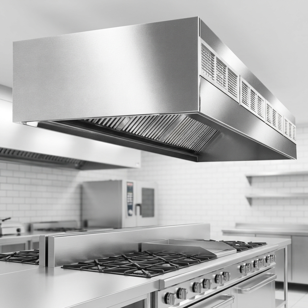 This image highlights the exhaust hood's robust heavy-gauge stainless steel construction, ensuring exceptional durability and a sleek, professional finish.
