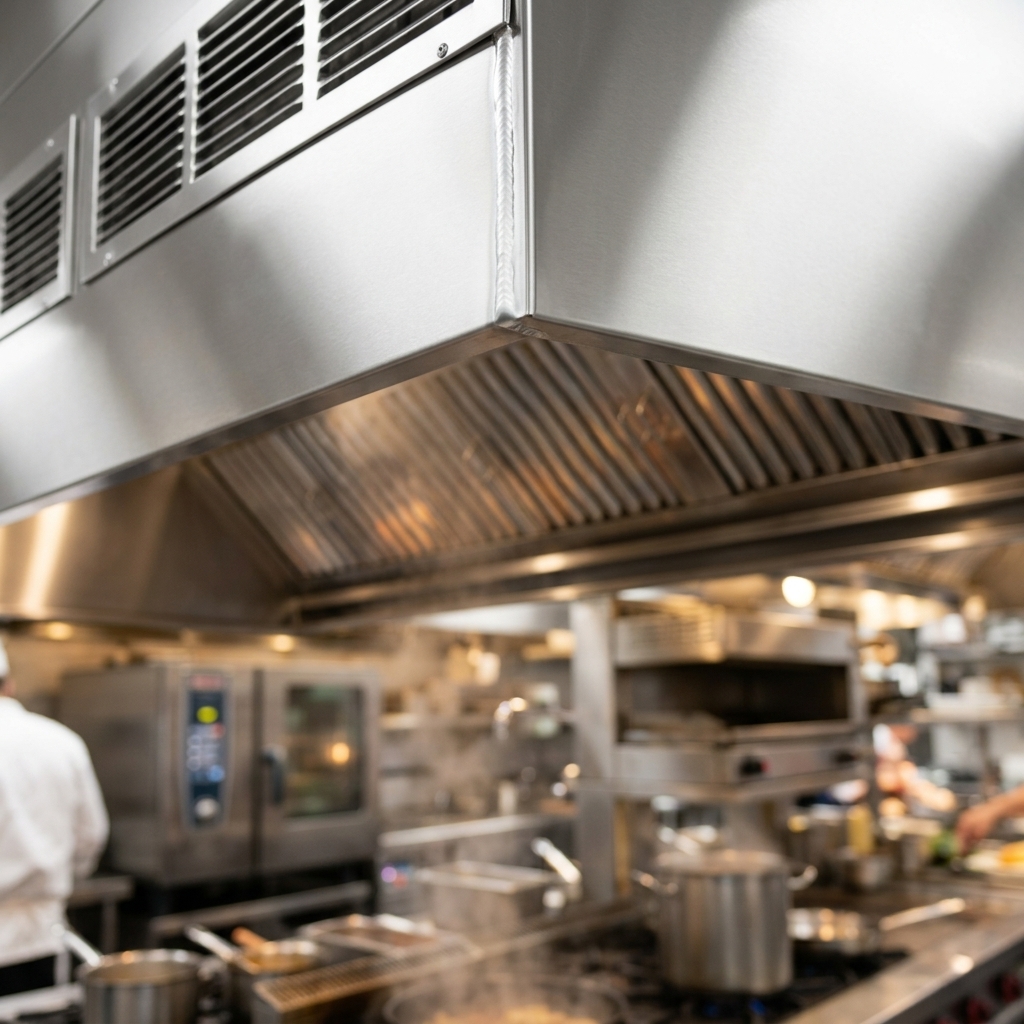 This image showcases the continuous, liquid-tight welded seams of the SpecAir exhaust hood, ensuring a grease-free and compliant professional kitchen environment.