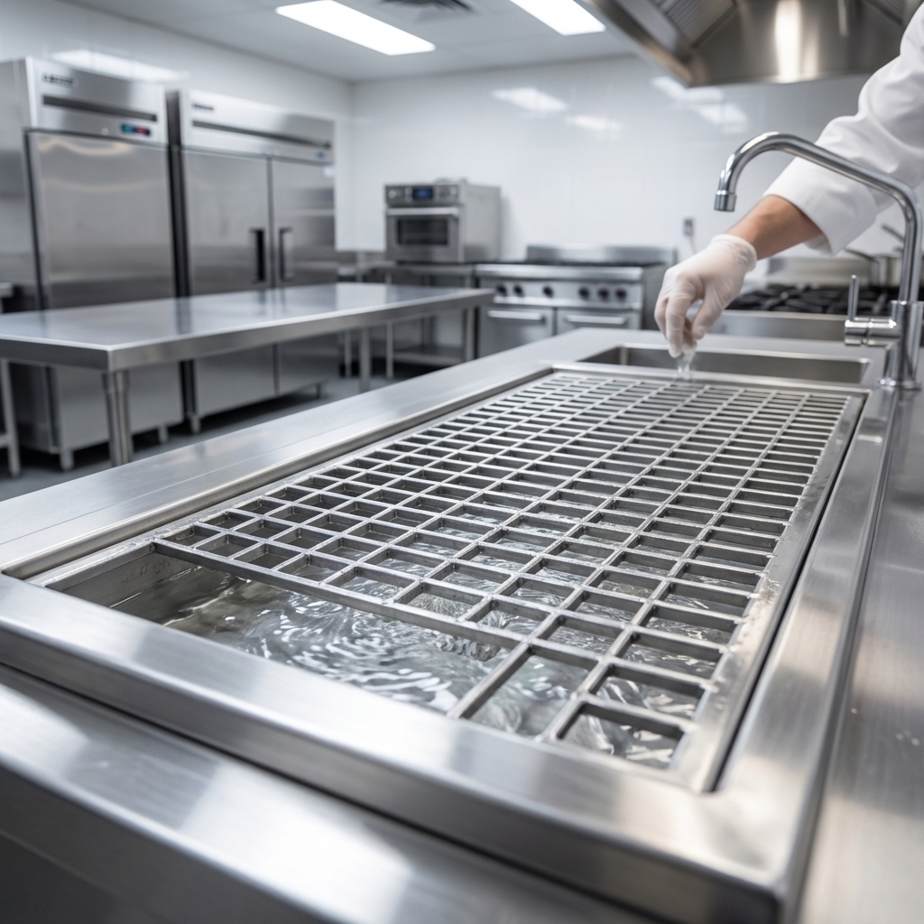 Experience the durability and secure footing provided by the robust stainless steel subway-style grating featured in this cool trough water tempering system.