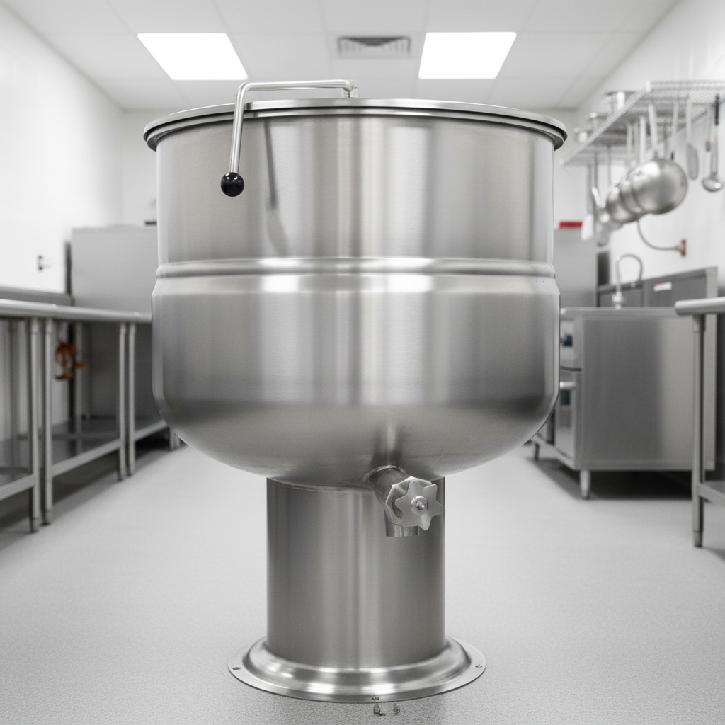 Experience unwavering stability with the stationary pedestal base securely mounting this 60-gallon direct steam kettle to your commercial kitchen floor.
