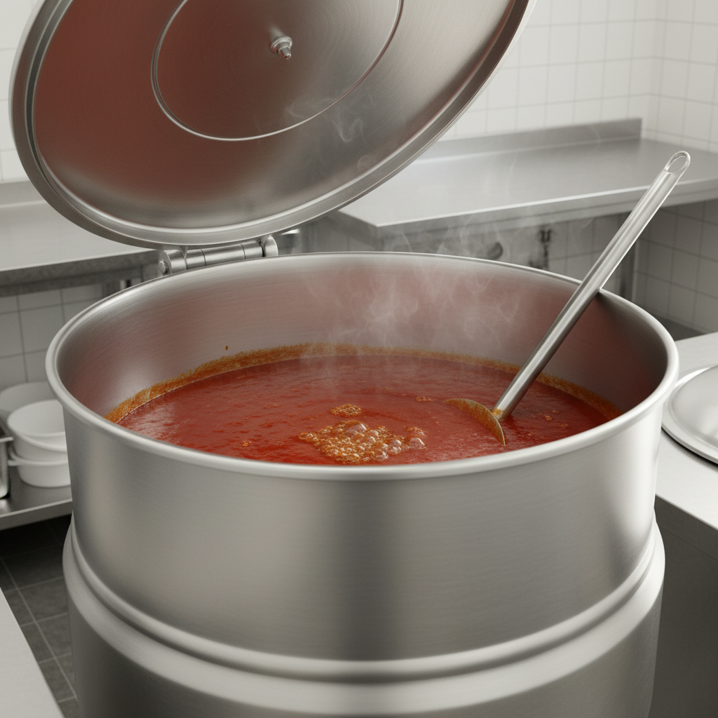 The gleaming 316 stainless steel interior liner of this 60-gallon steam kettle offers superior corrosion resistance, ideal for acidic foods in any commercial kitchen.