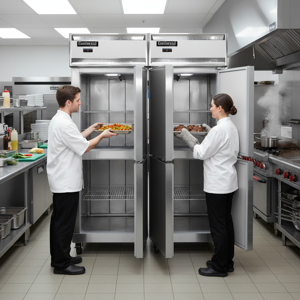 This image showcases the pass-thru configuration of the Continental Refrigerator, allowing for efficient loading and unloading from both sides to streamline kitchen operations.