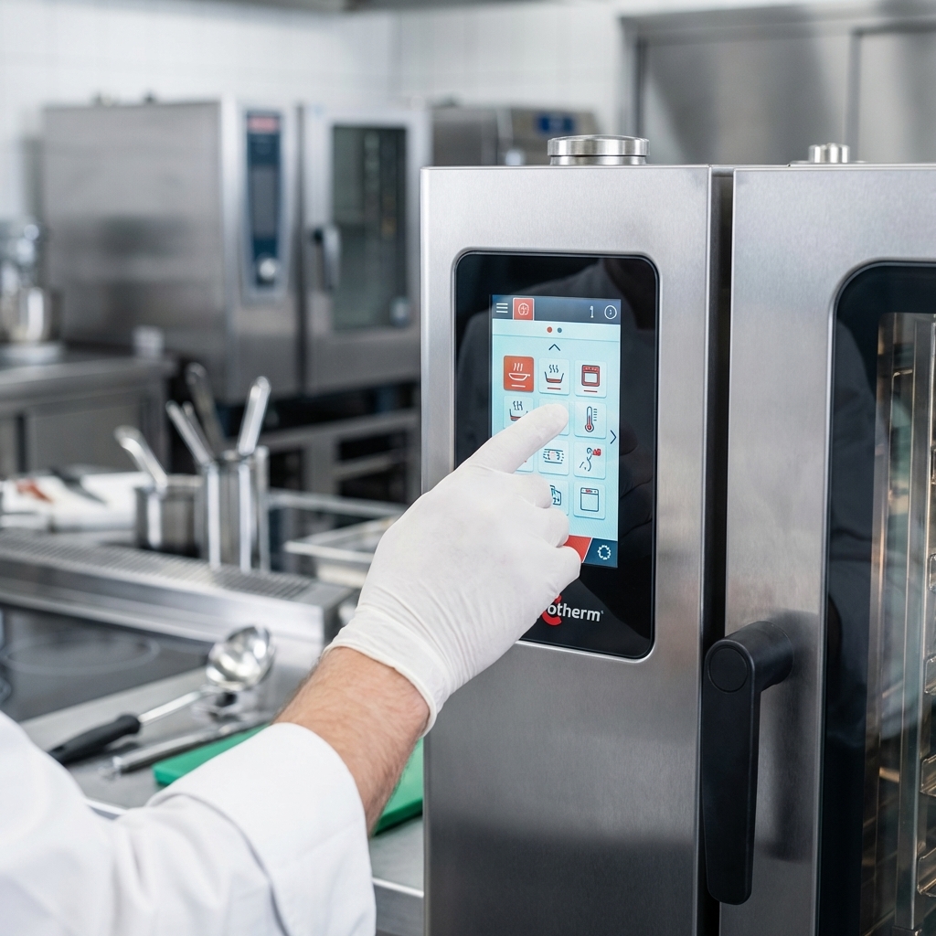 Effortlessly navigate 250 recipe programs with the intuitive 7-inch easyTouch glass display of the Convotherm MINI combi oven.