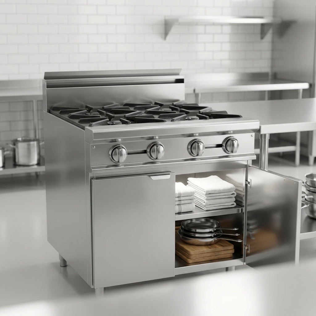 The robust cabinet base offers convenient, enclosed storage, keeping your professional kitchen organized and efficient.