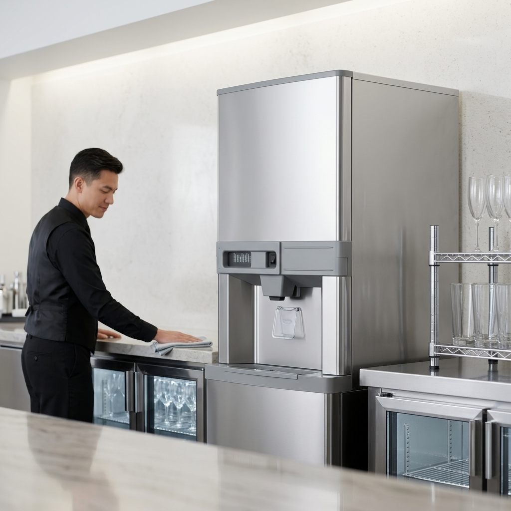 This image highlights the Follett ice machine's remote condenser design, ensuring a quieter and cooler primary service area for optimal efficiency.