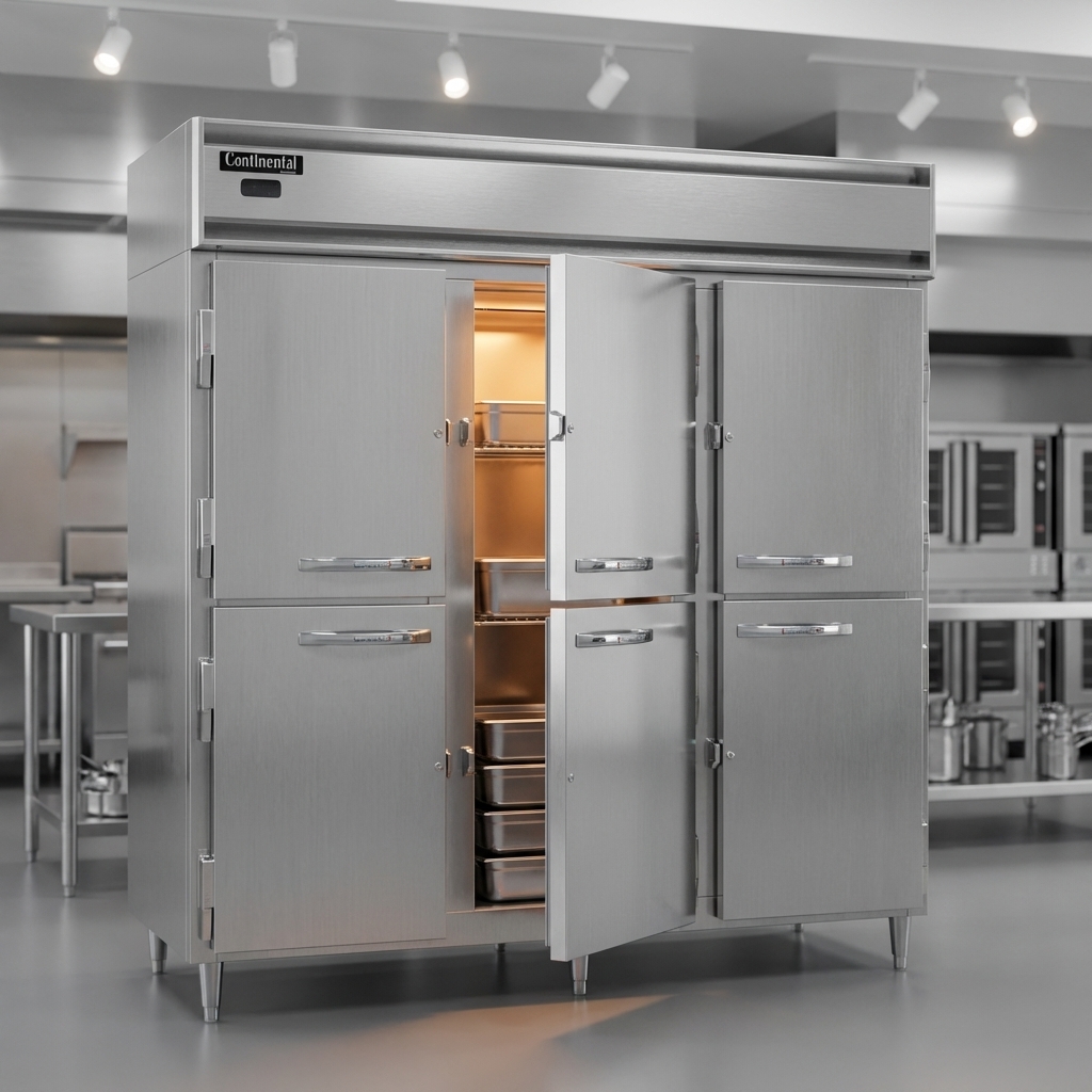 This three-section heated holding cabinet offers ample and organized storage, with separate access for each compartment to manage diverse food items efficiently.