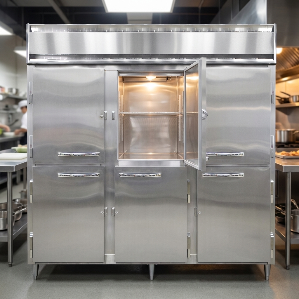 Showcasing robust full stainless steel construction, this three-section heated holding cabinet offers superior durability and hygiene.